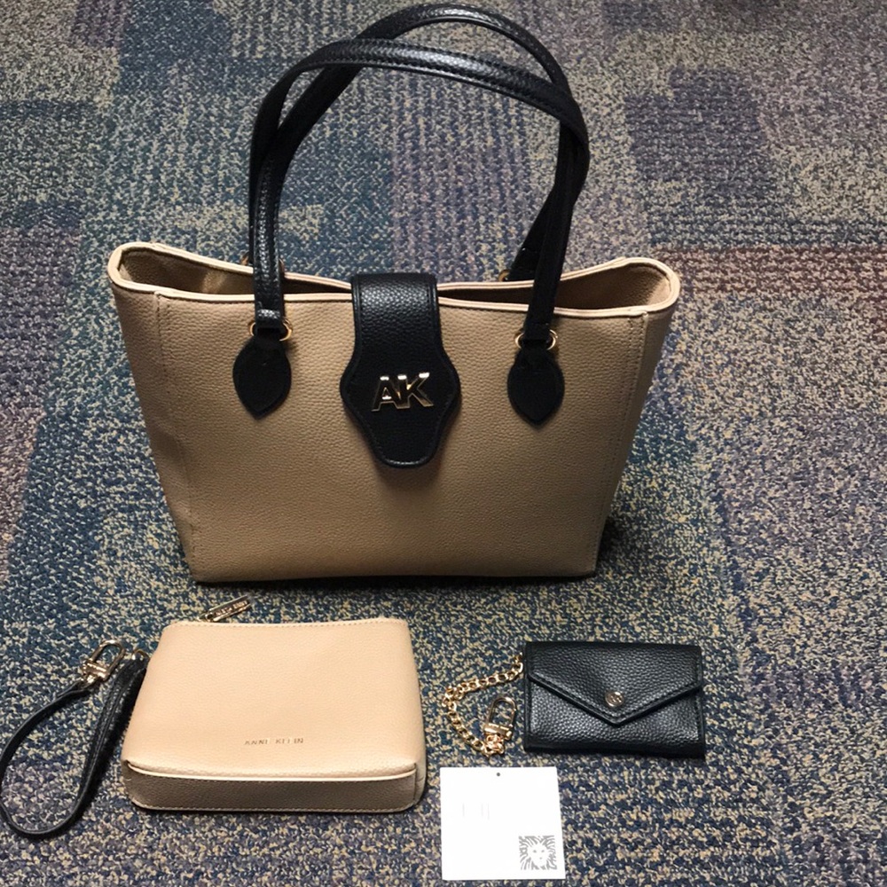 Anne Klein Beige & Black Handles Tote with Matching Zip Pouch & Card Holder NWT